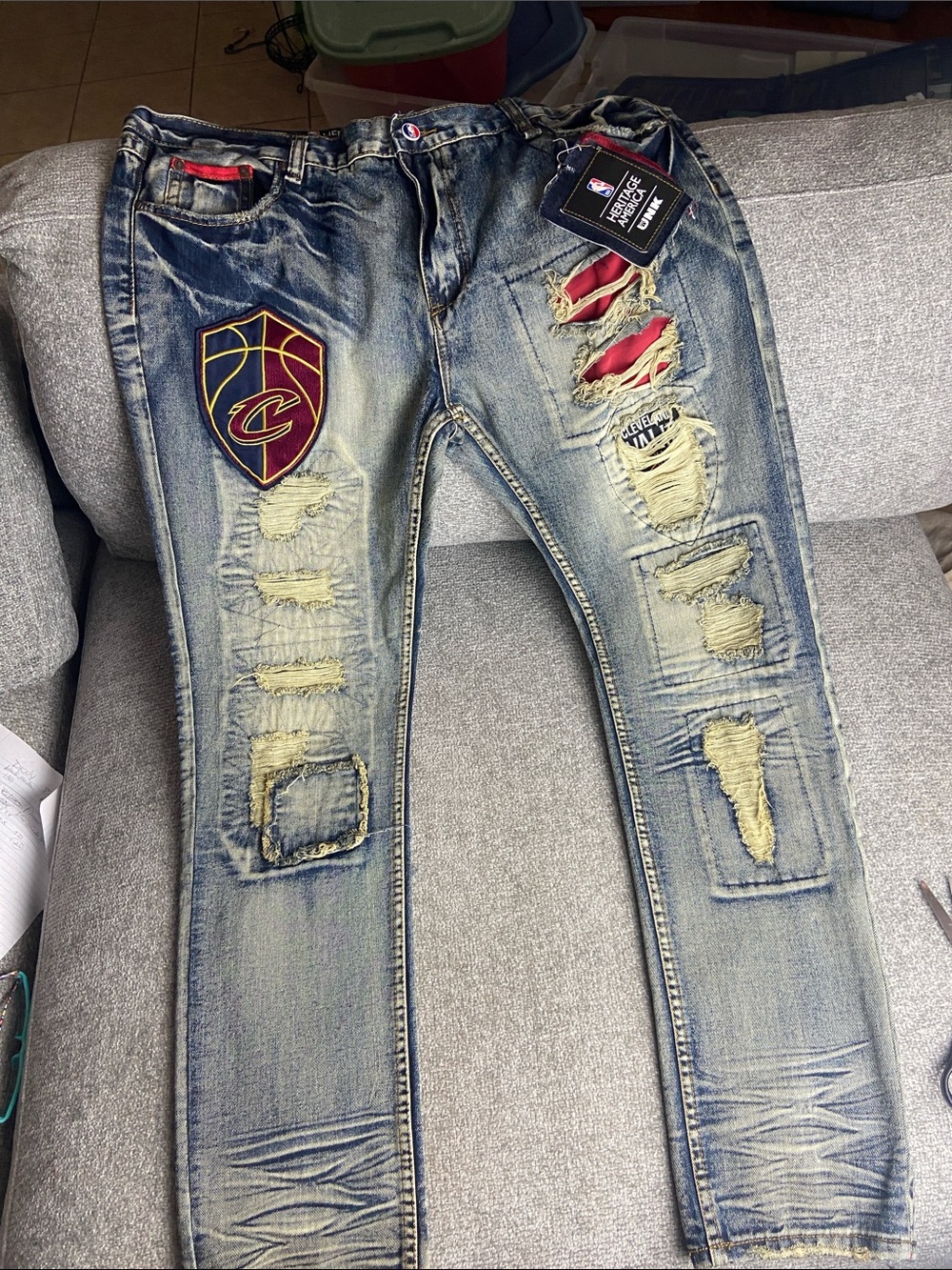 Unk Light Blue Distressed Men's Skinny Jeans with Red Patch Details W 42/ L 35